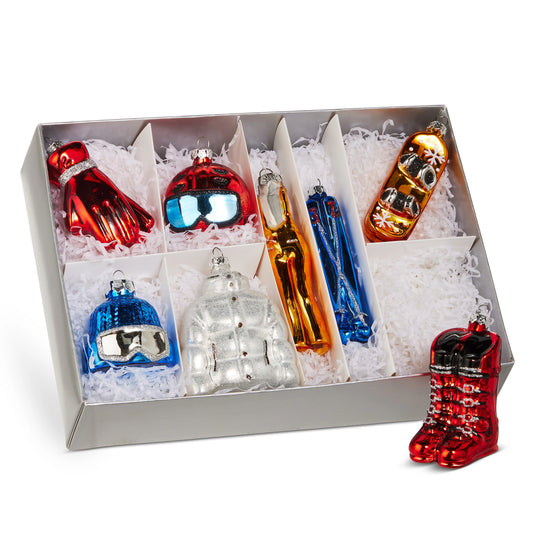 Ski and Snowboard Glass Ornaments (Set of 8)