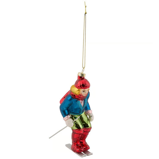 Blue Skier Glass Ornament